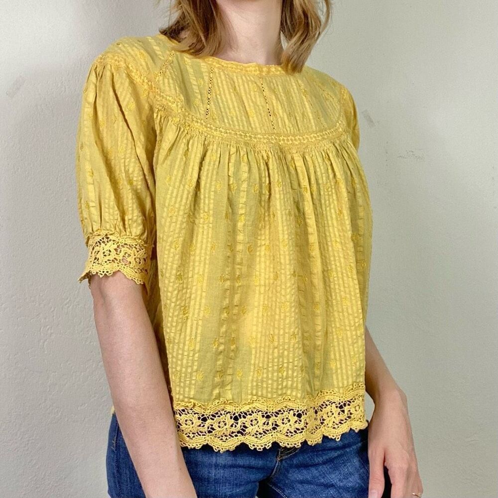 Love Shack Fancy Robin Yellow Boho Embroidered Yoked Crochet Lace Trim Blouse XS